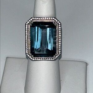 NWOT Genuine Square London Blue Topaz White Topaz Halo  Gemstone Designer Ring